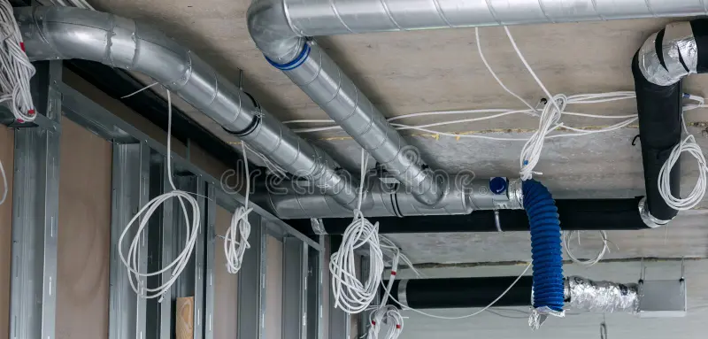 Réseau de gaines de ventilation et câbles électriques suspendus dans un plafond en construction