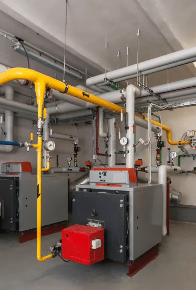 Chaufferie industrielle avec chaudières et tuyaux jaunes